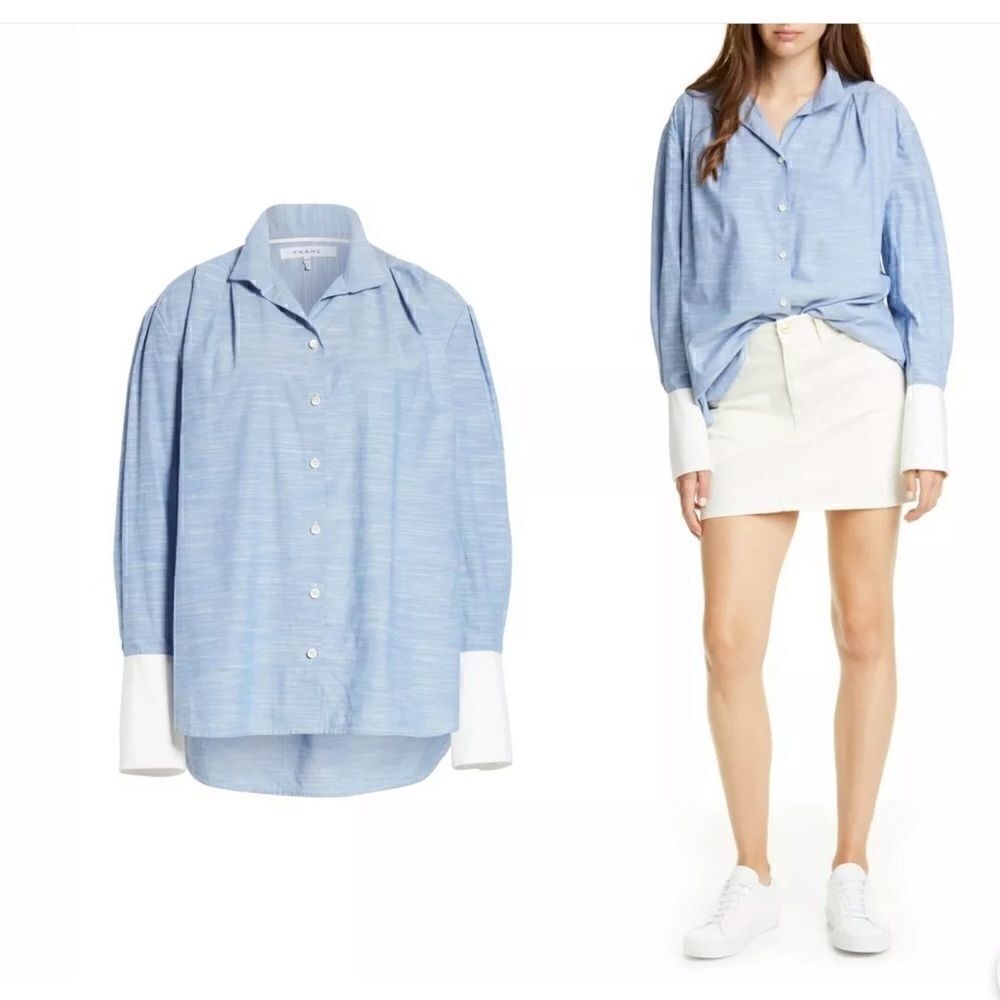 Frame Oxford Blue Pleated Contrast Cuff Button Up - Picture 7 of 11